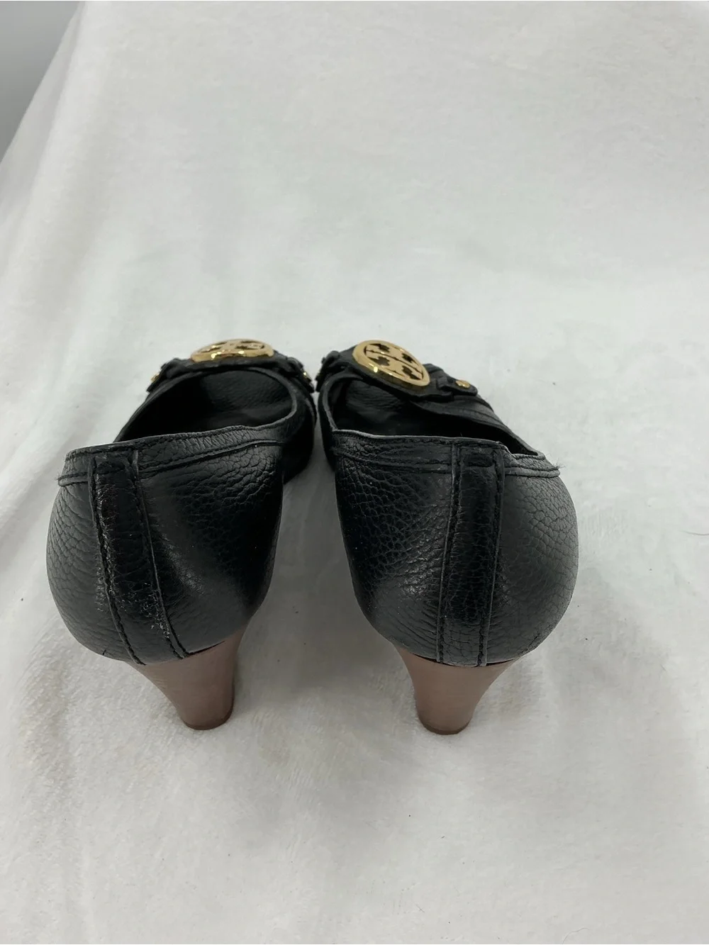 Tory Burch Black Leather Peep-Toe Heels with Gold Logo Medallion B47